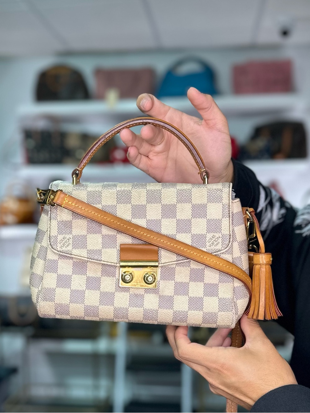 Louis Vuitton Cream Checkered Satchel with Tan Leather Trim